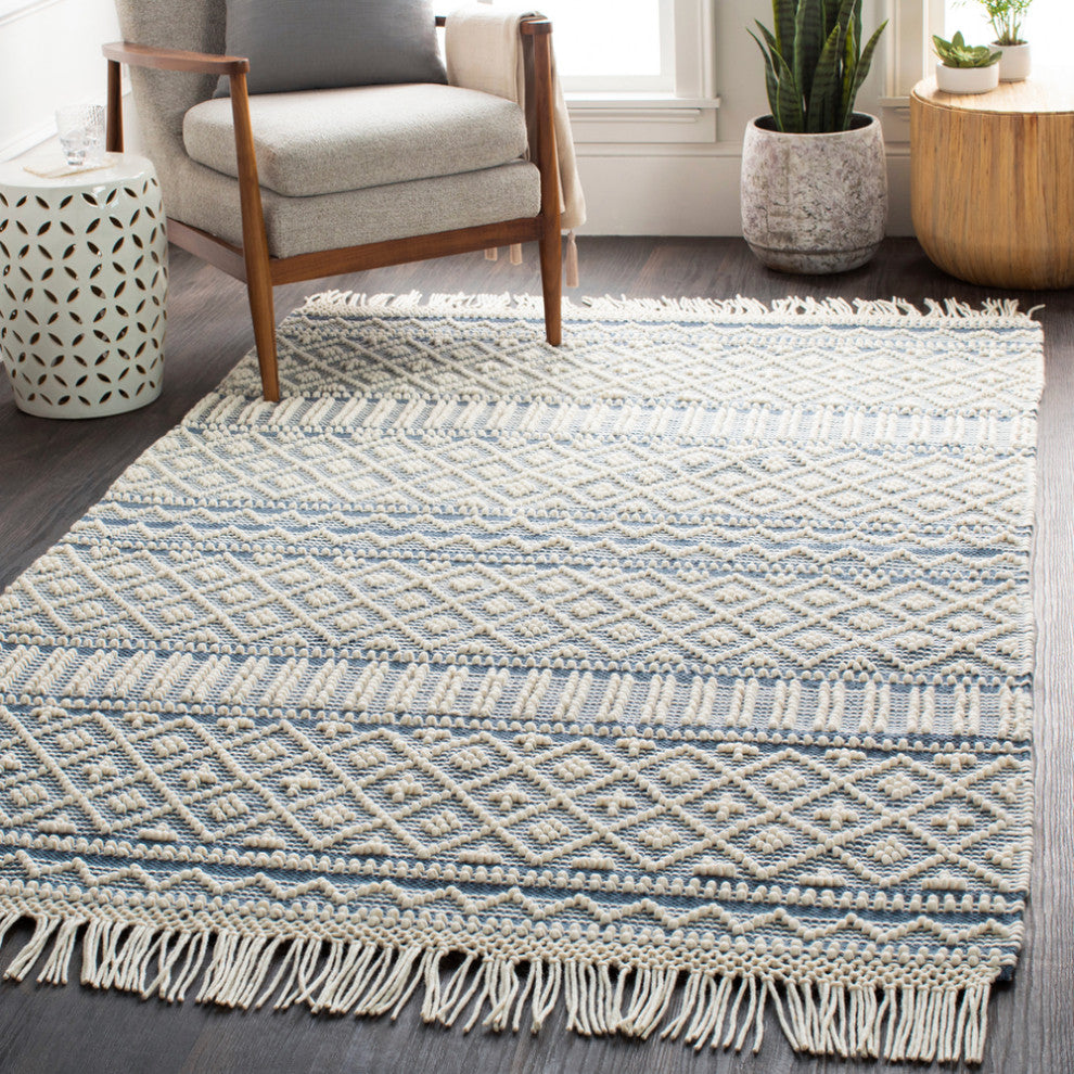 Surya Farmhouse Tassels FTS-2300 Bohemian Area Rug, Denim, 6' x 9' Rectangle