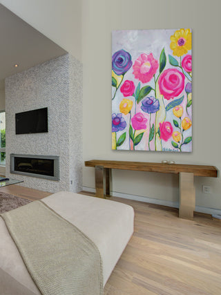 "Flowers Grey" Painting Print on Wrapped Canvas