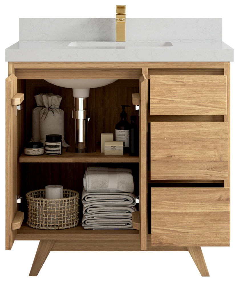 Madison Teak 36 Center Sink Bath Vanity in Light Natural 2" Carrara Quartz