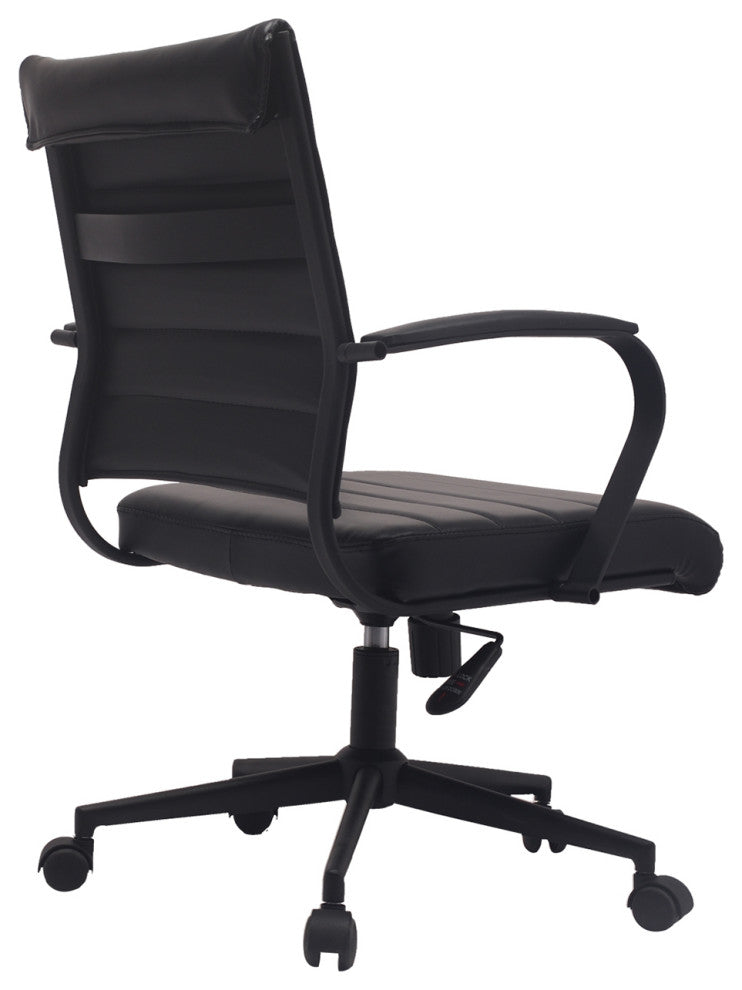 Set of 2 Mid Back Swivel Ribbed PU Leather Office Arm Chair Modern Ergonomic, All Black