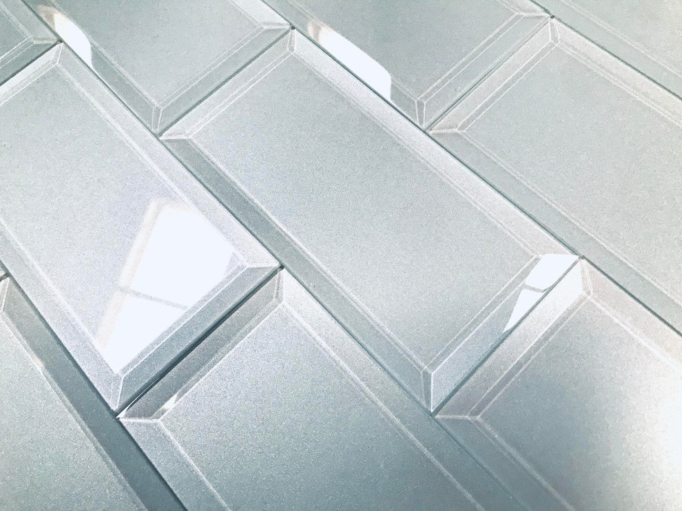 Frosted Elegance 3x6 Beveled Glossy Glass Subway Tile ,Light Blue,Peel & Stick , Piece
