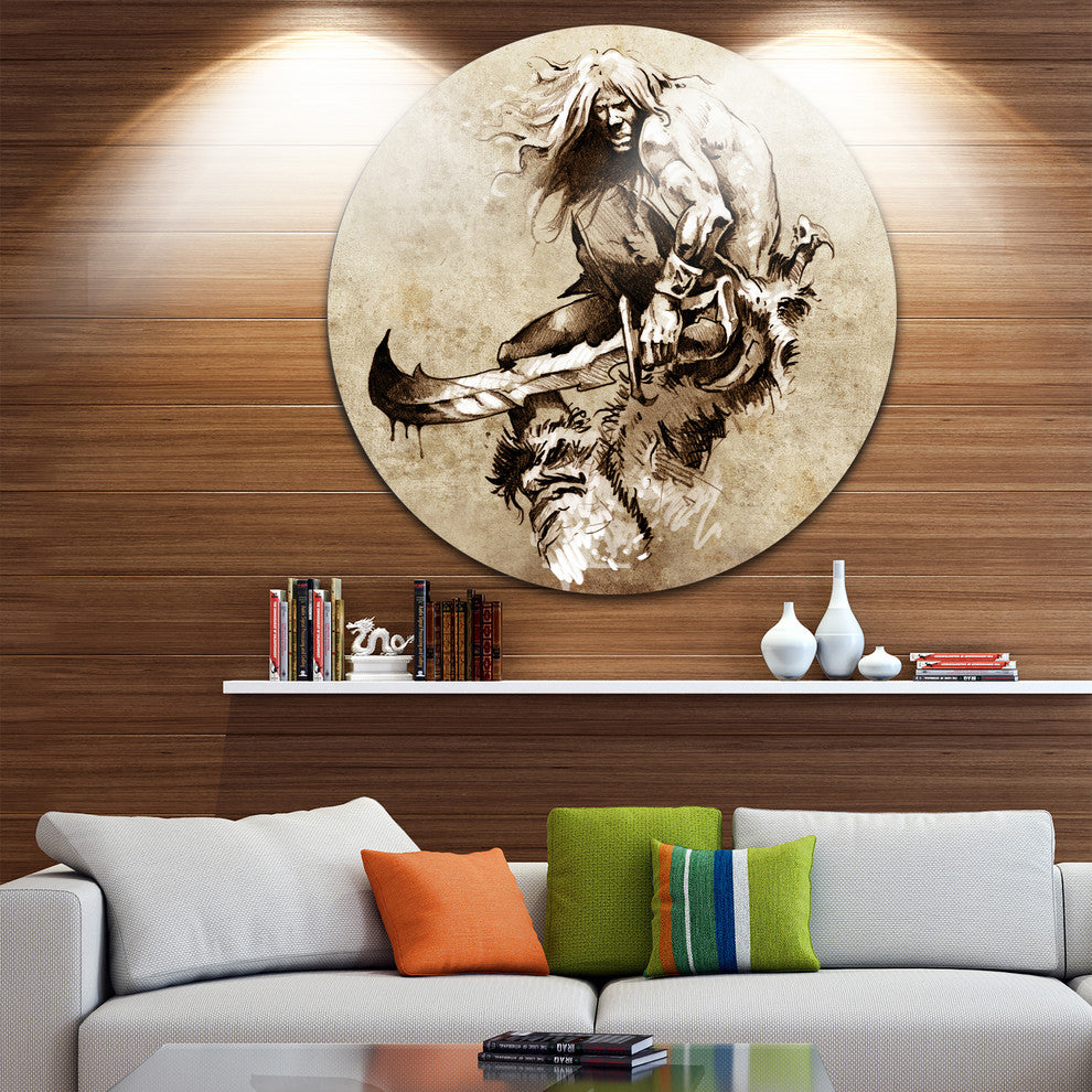 Warrior Fighting Tattoo Art, Portrait Digital Disc Metal Artwork, 38"