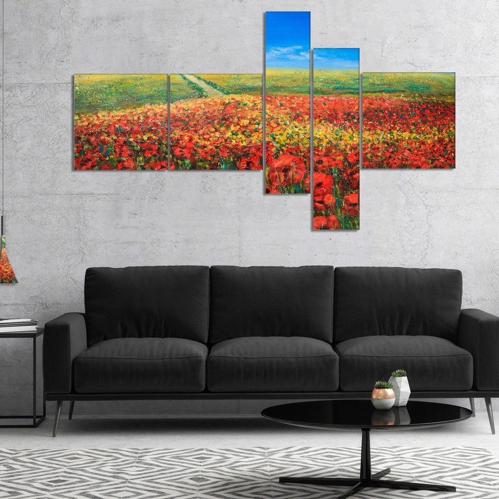 Acrylic Landscape with Red Flowers, Large Floral Wall Art, 60"x32", 5 panels