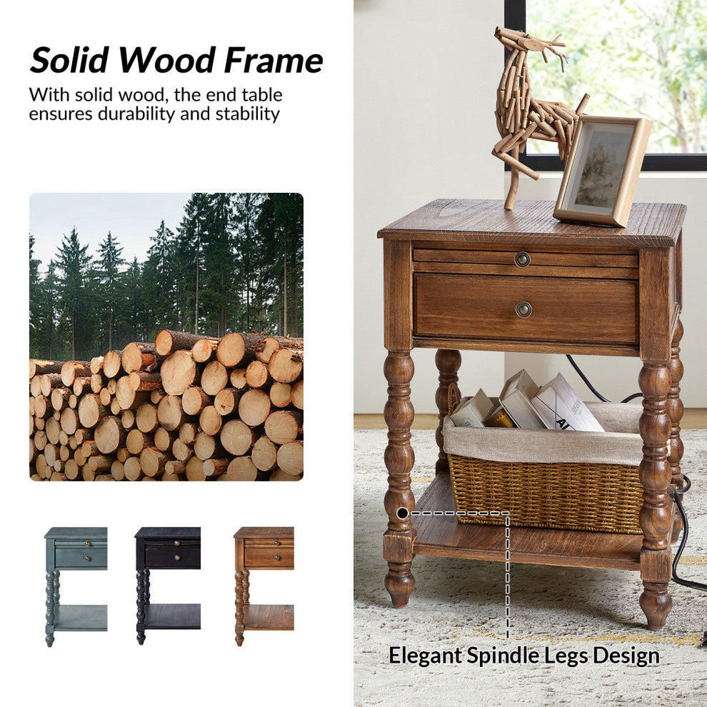 26"H Traditional/Farmhouse Style End Table, Set of 2, Walnut
