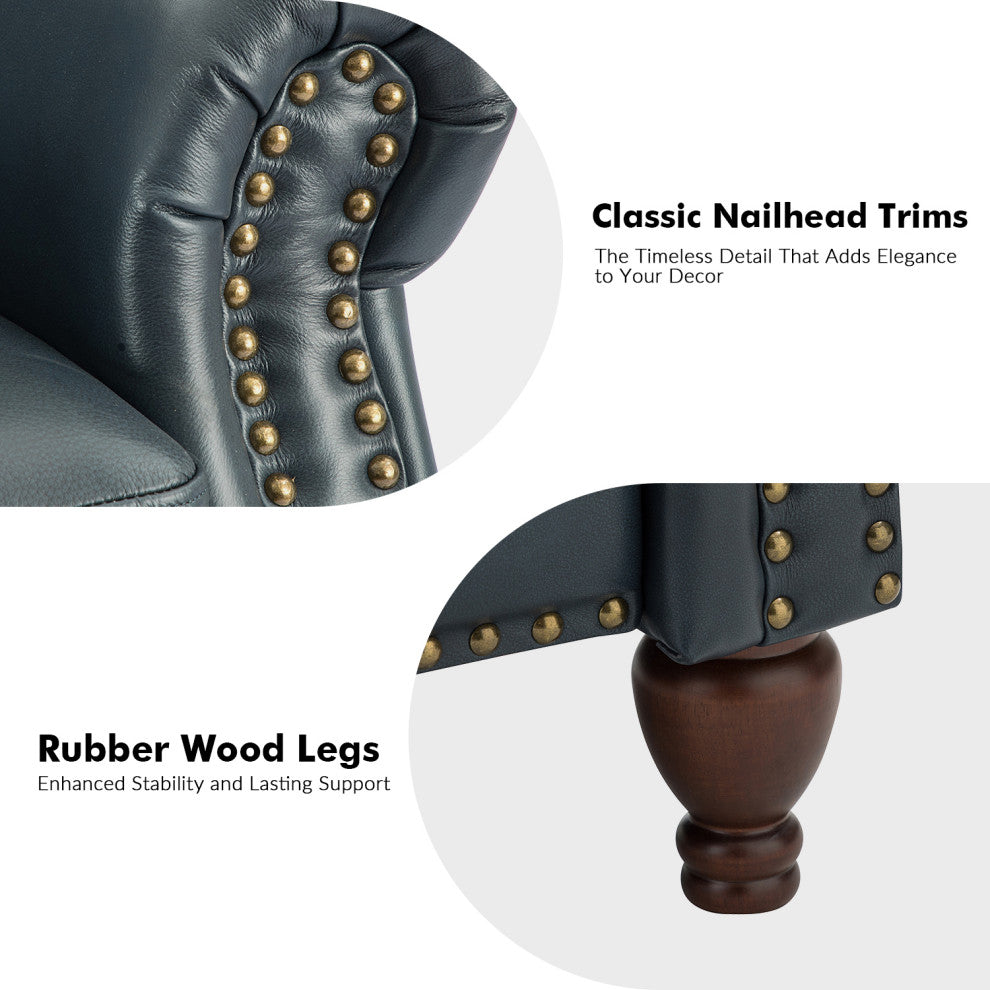 34.5"W Transitional Style Genuine Leather Recliner With Nailhead Trims, Navy