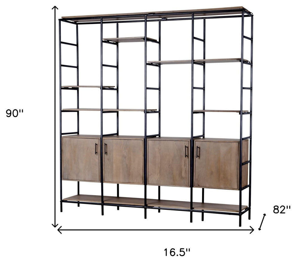 90" Brown Metal and Wood Bookcase