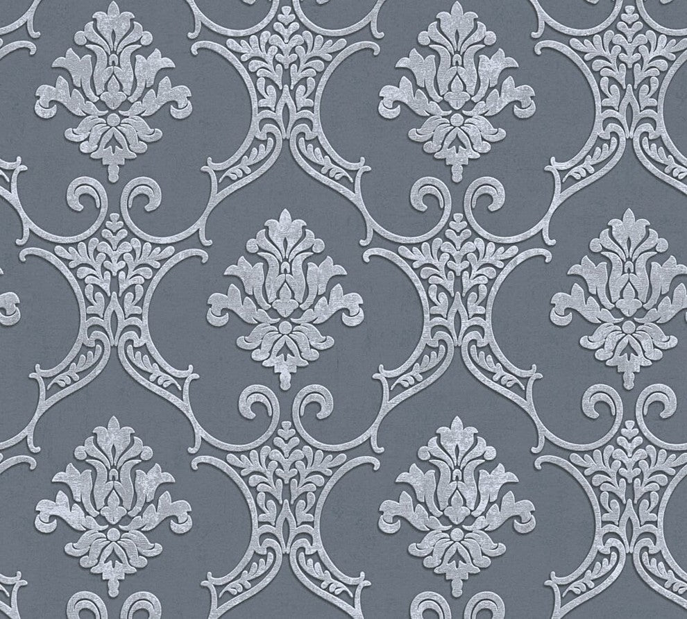 Moments, Baroque Motifs, Flowers And Garlands Gray Wallpaper Sample, Modern