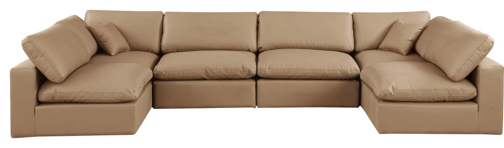 Comfy Upholstered U-Shaped Modular Sectional, Tan, 6-Piece: 4 Armless Chair, 2 Corner Chair, Vegan Leather