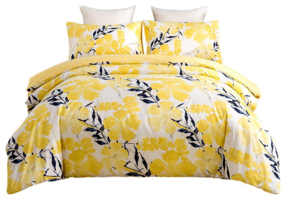 Tache Yellow Floral Watercolor Microfiber Reversible Duvet Cover Set