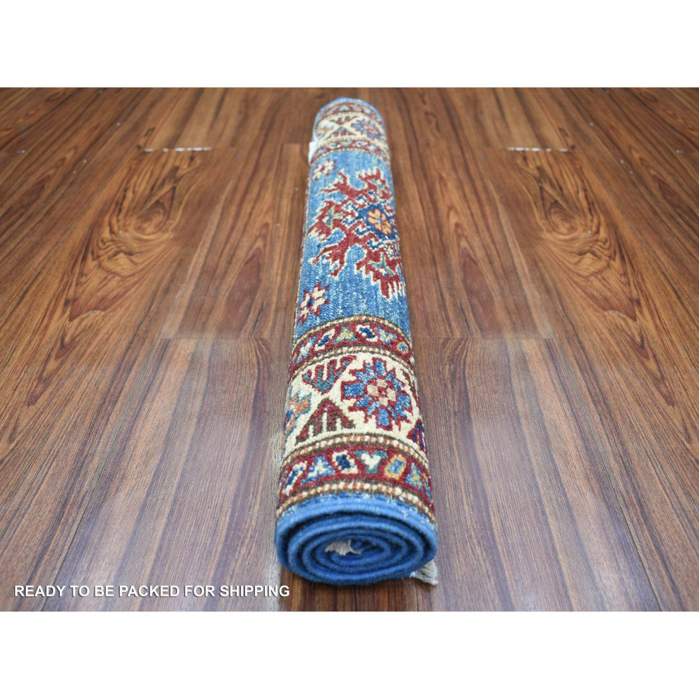 Blue Pure Wool Hand Knotted Geometric Caucasian Super Kazak Mat Rug, 2'1"x2'10"