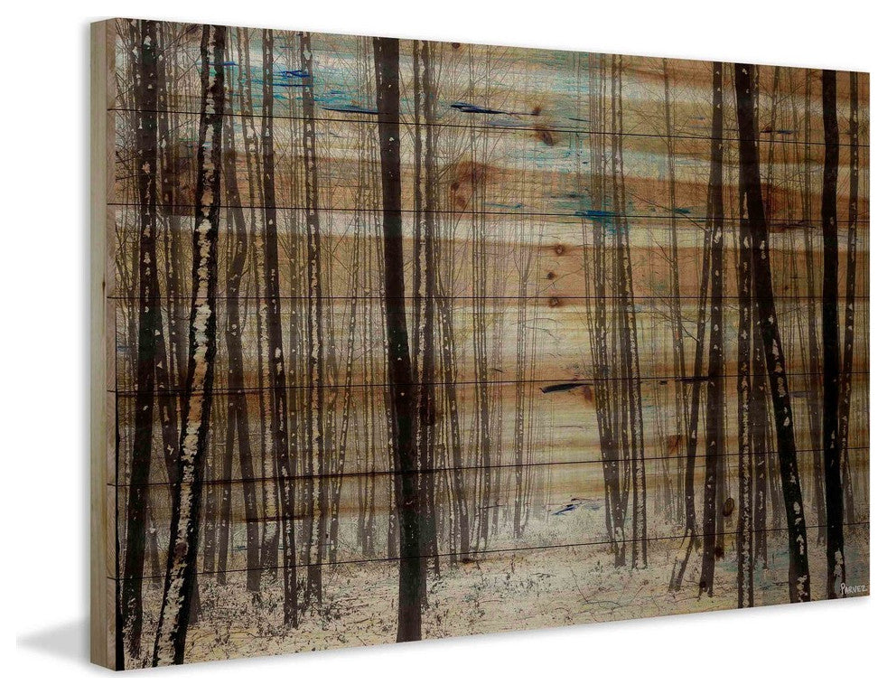 "Dark Thin Trees" Painting Print on Natural Pine Wood, 36"x24"