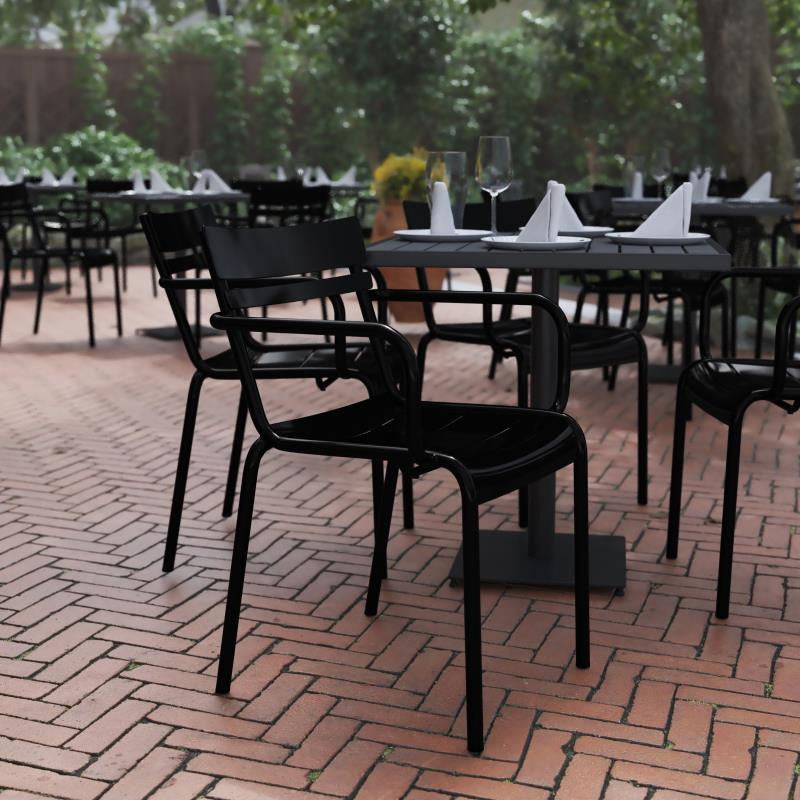 Nash Commercial Grade Steel Indoor-Outdoor Stackable Chair with 2 Slats and Arms, Black