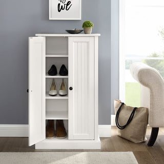 Lifestyle image with cabinet doors open, exposing interior shelves.