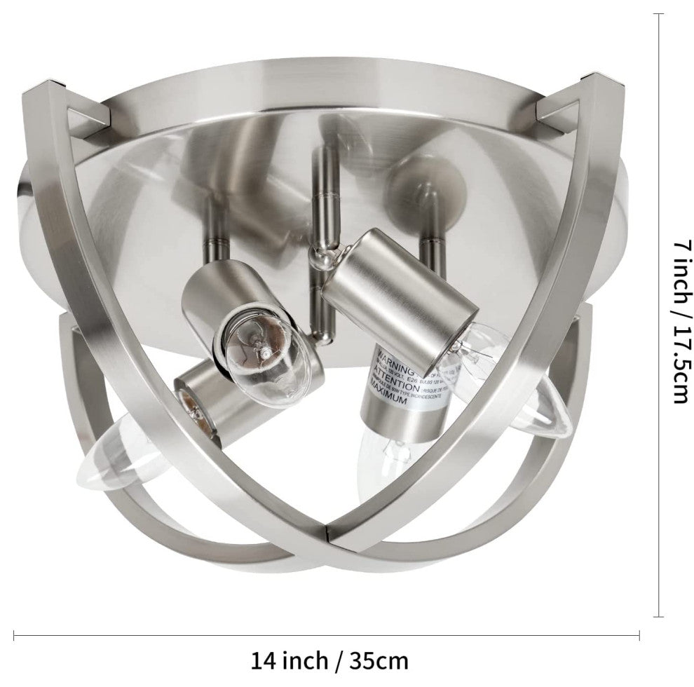 4 Light Industrial Ceiling Light Fixture, Vintage Metal Ceiling Lamp, Nickel