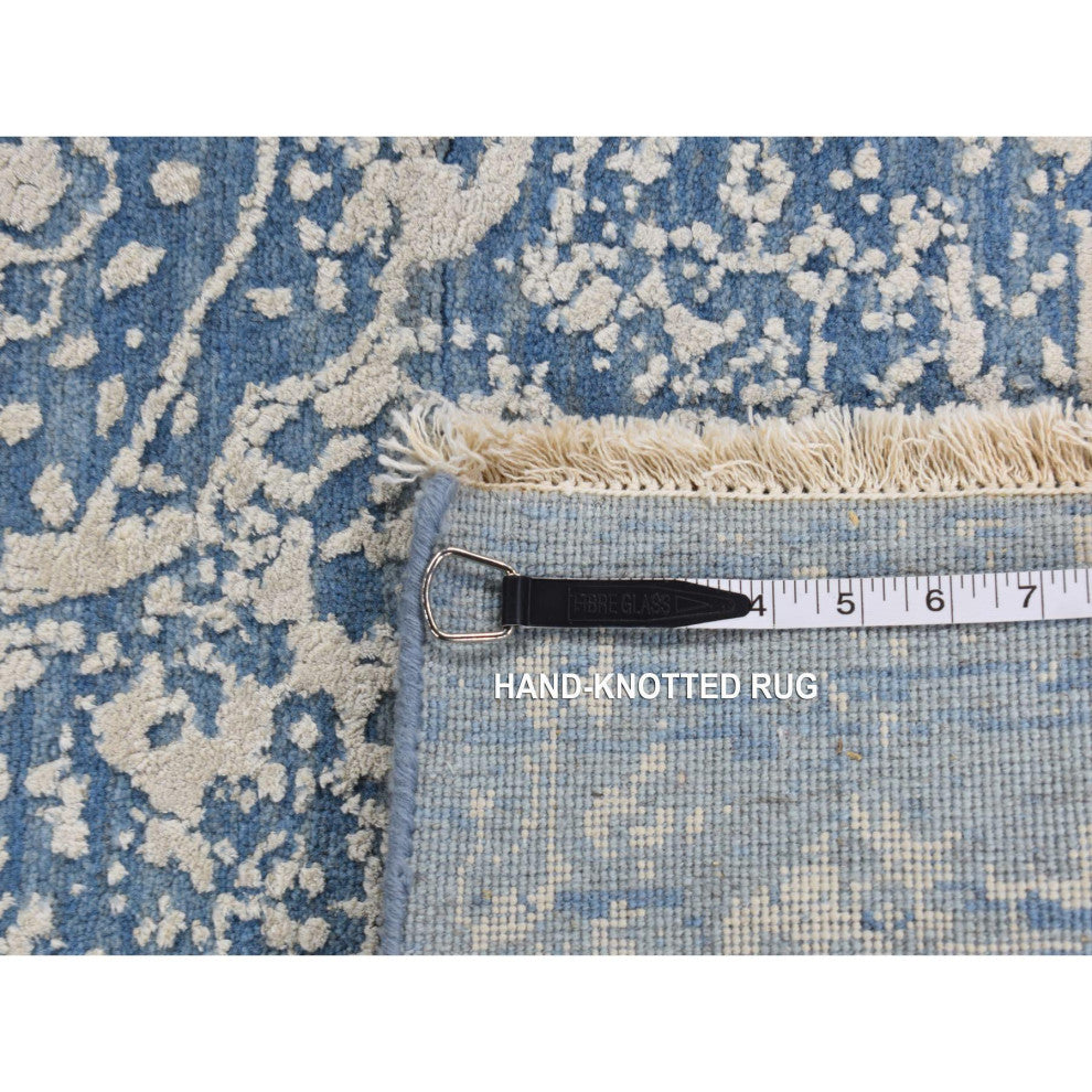 Blue Hand Knotted Broken Persian Design Wool and Pure Silk Rug, 5'1"x7'