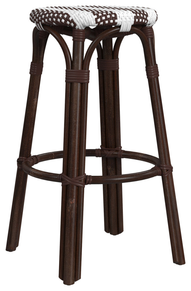 Tobias Round Rattan 30" Bar Stool, White and Brown Stripe