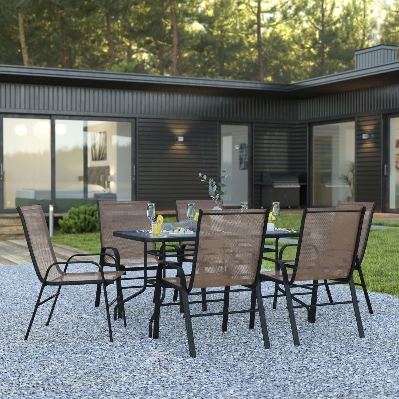 Brazos 7 Pc Outdoor Dining Set 55" Table, 6 Stack Chairs, Brown