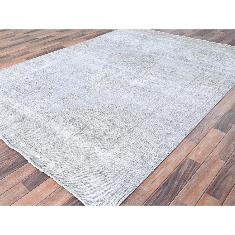 Laid Gray, Worn Wool, Hand Knotted, Vintage Persian Tabriz Rug, 6'6"x9'6"