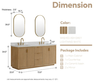 Vinnova Cadiz Bath Vanity, Composite Stone Top, Washed Ash Grey, 72", With Mirror