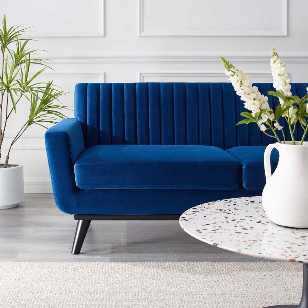Tufted Loveseat Sofa, Velvet, Blue Navy, Modern, Living Lounge Hotel Hospitality
