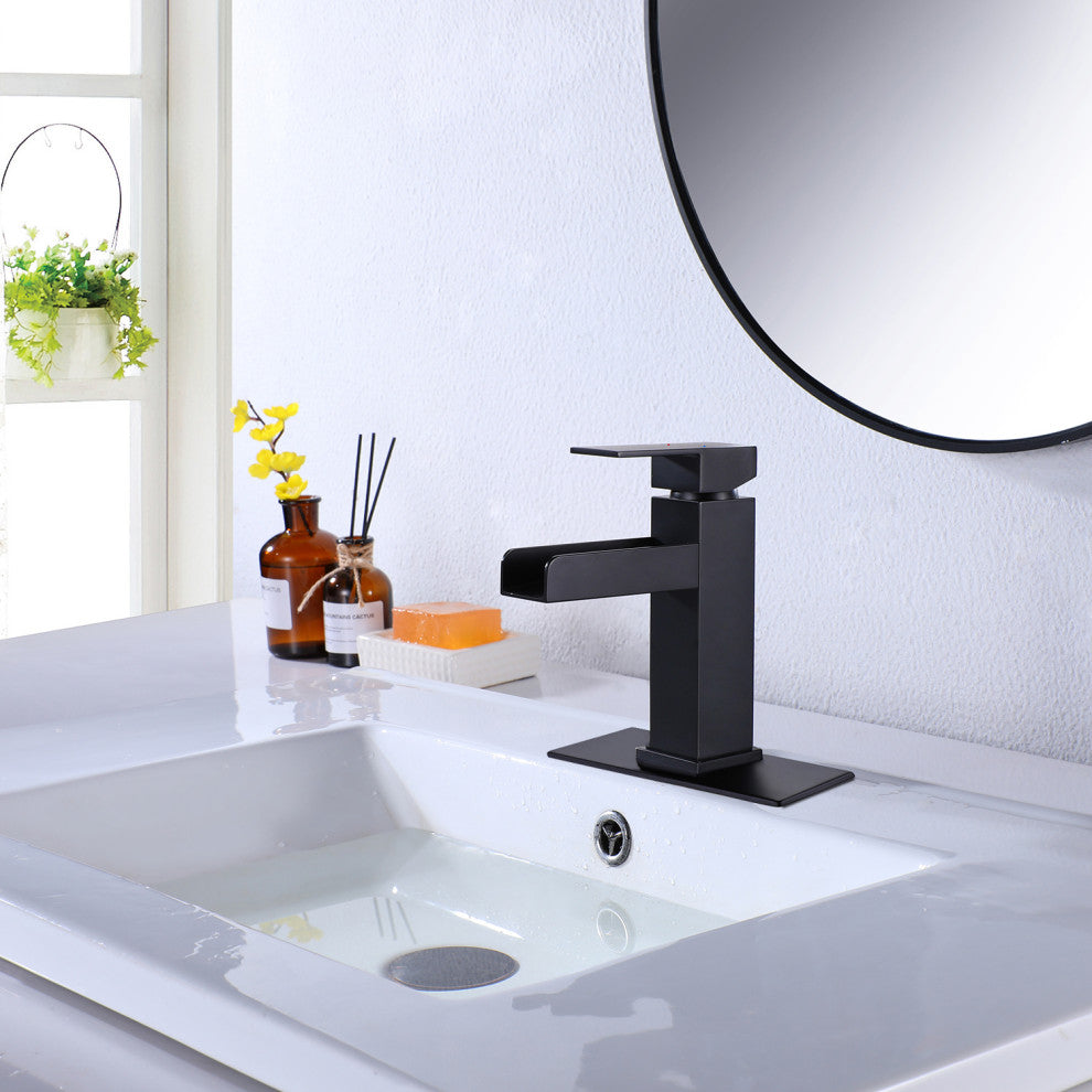 Waterfall Single Hole Bathroom Faucet with Deck Plate, Matte Black