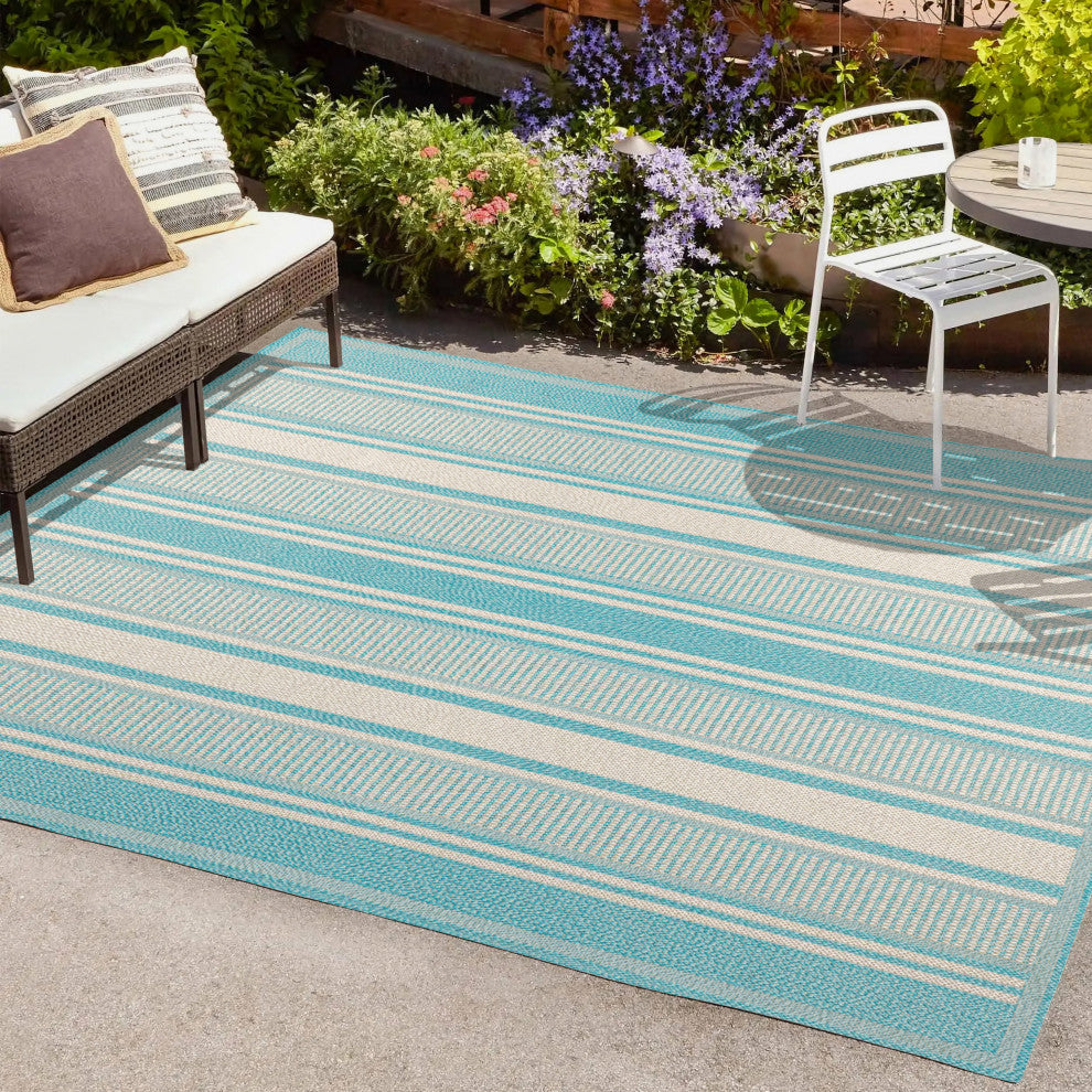Haynes Modern Double Stripe Indoor/Outdoor Area Rug, Aqua/Beige, 8x10