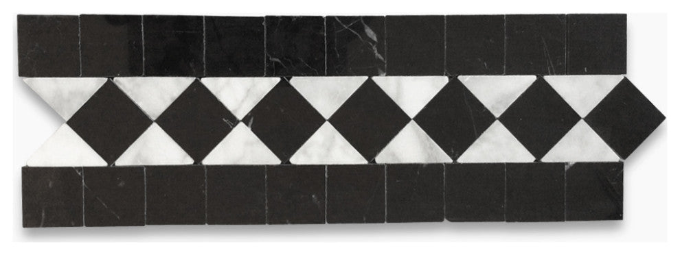 White Carrara Marble Classic Diamond Mosaic Border Listello Tile, 1 sheet