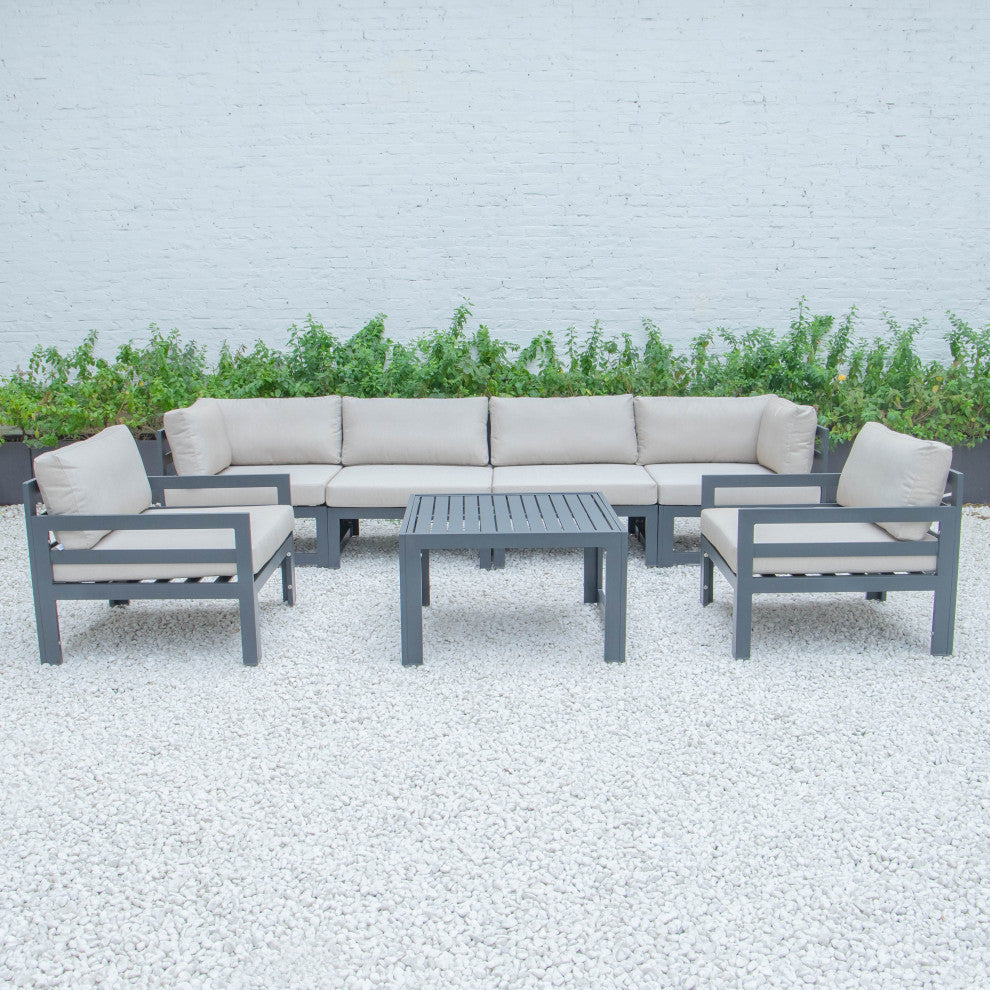 LeisureMod Chelsea 7-Piece Patio Sectional With Coffee Table, Beige