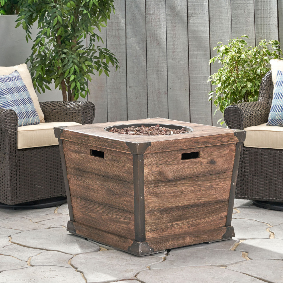 GDF Studio Madge Outdoor Brown 32" Square Fire Pit, 40,000 BTU, Wood Grain