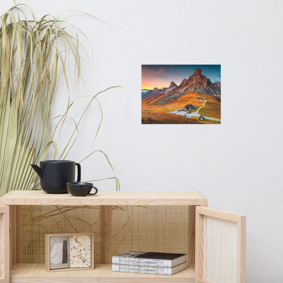 Sunset at Alpine Mountain Pass Rural Landscape Photo Wall Art Print, 12" X 16"