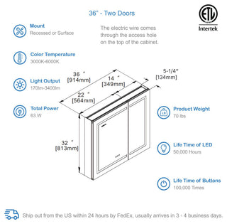 LED Medicine Cabinet With Defog, Dimmer, Makeup Mirror, Outlets, 36x32