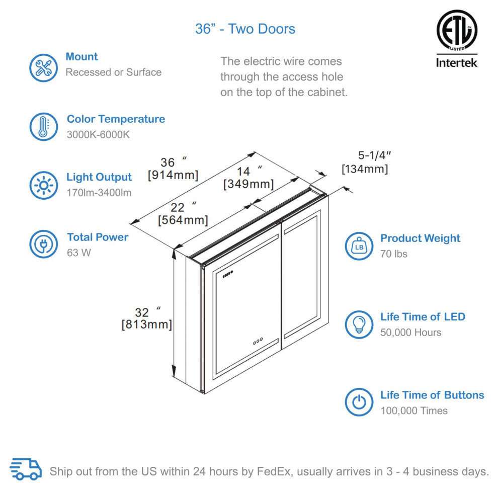 LED Medicine Cabinet With Defog, Dimmer, Makeup Mirror, Outlets, 36x32