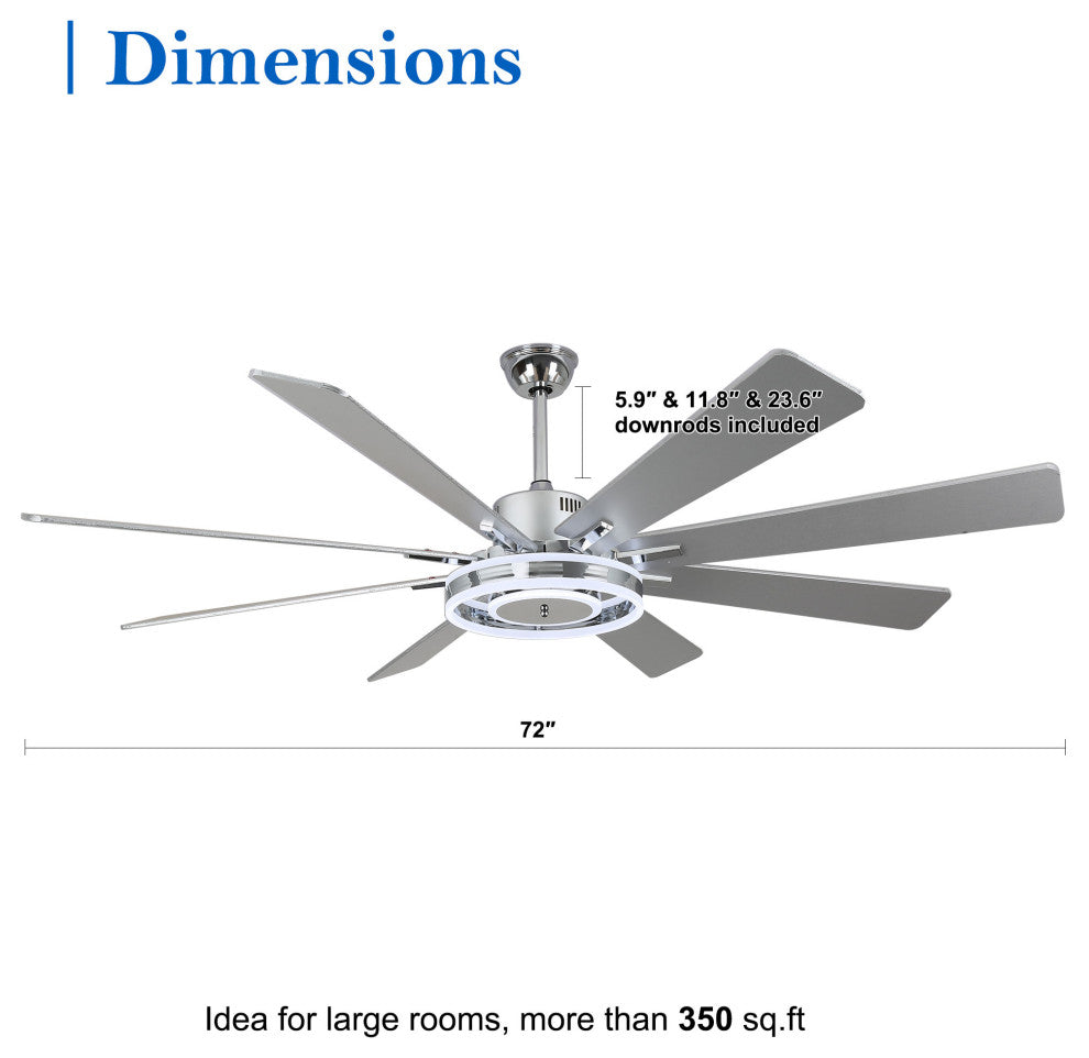 72" Large Ceiling Wood Blade Fan w LED Lights and Remote, Chrome