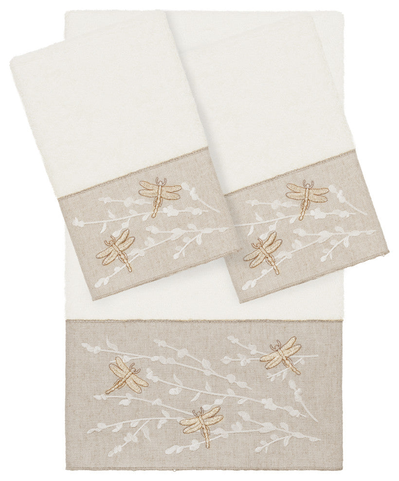 Linum Home Textiles Turkish Cotton Braelyn 3-Piece Embellished Towel Set, Cream