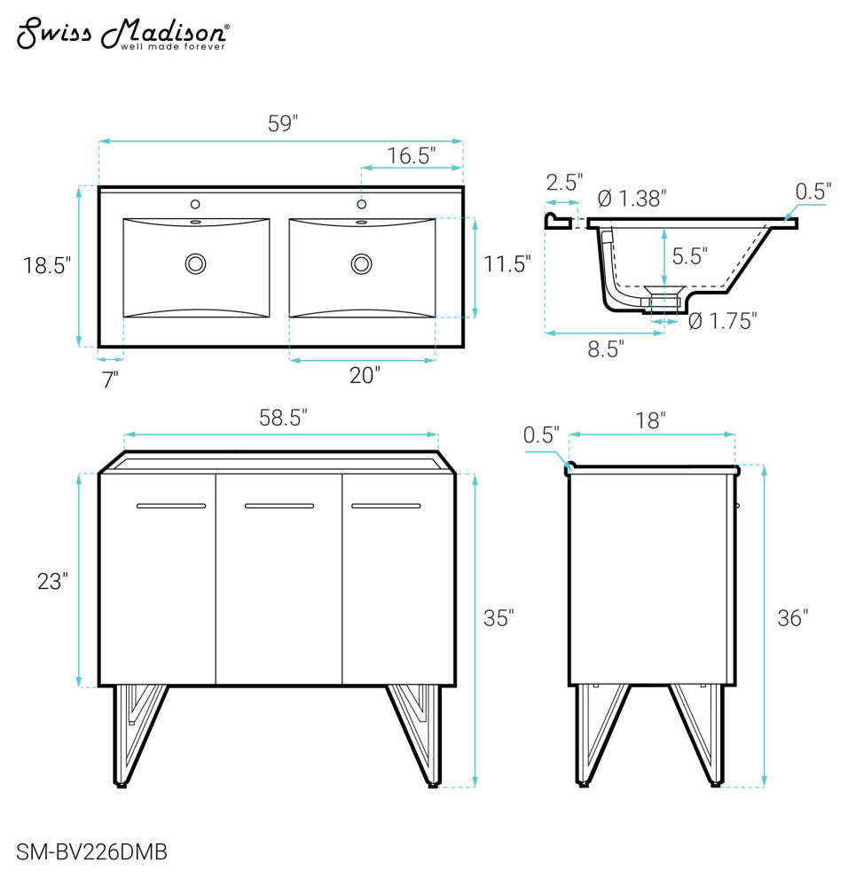 Annecy 60" Black Walnut, Double Basin Bathroom Vanity With Black Sink Top