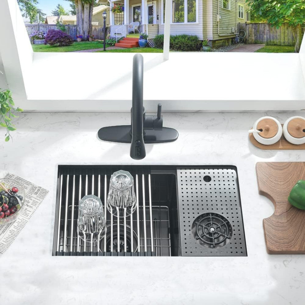 Bronstarz 24 Inch Nano Black Undermount Bar Sink with Glass Rinser