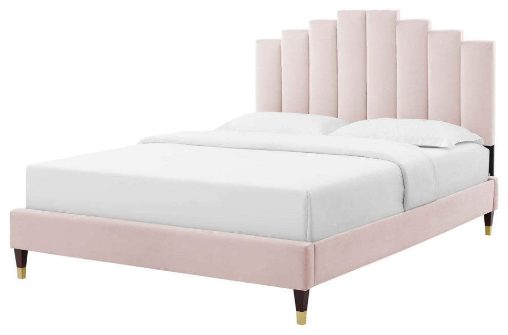 Platform Bed Frame, Full Size, Velvet, Pink, Modern Contemporary, Bedroom Master