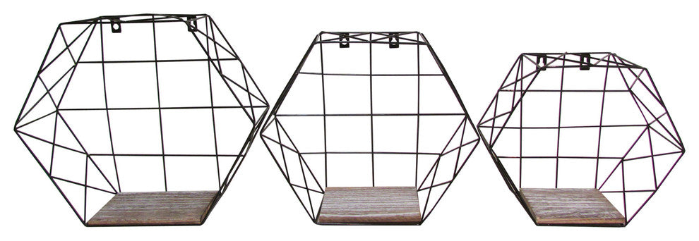 Hexagon Wall-Mounted Hanging Shelves, 3-Piece Set, Black