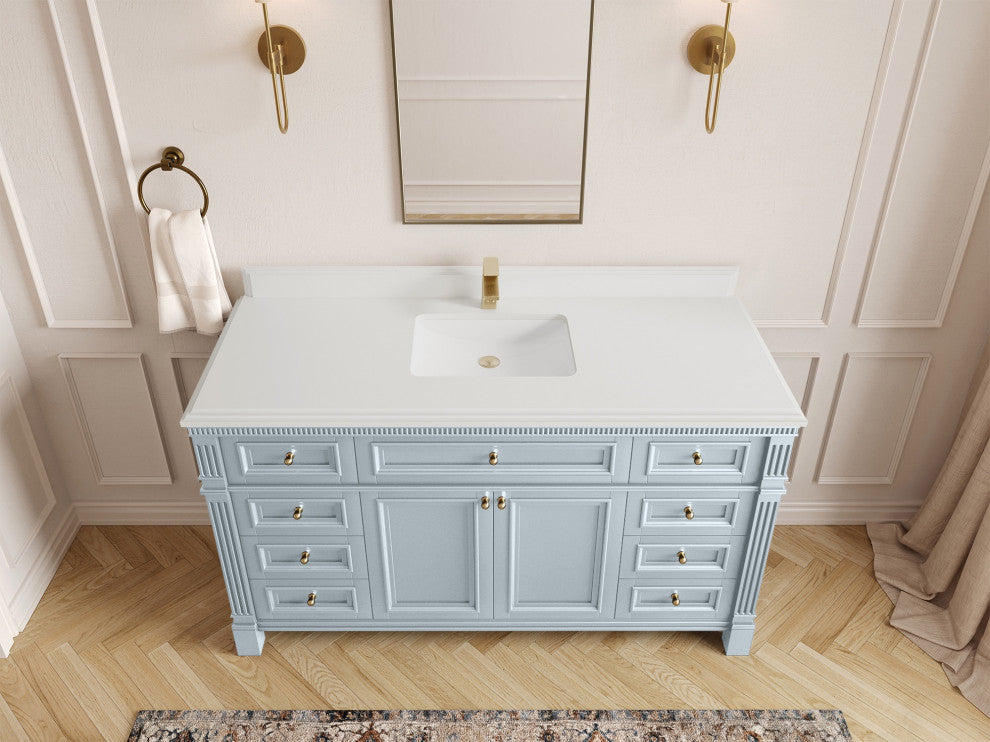 Paris 60" Single Sink Bathroom Vanity, Blue Heather 1.5" White Quartz