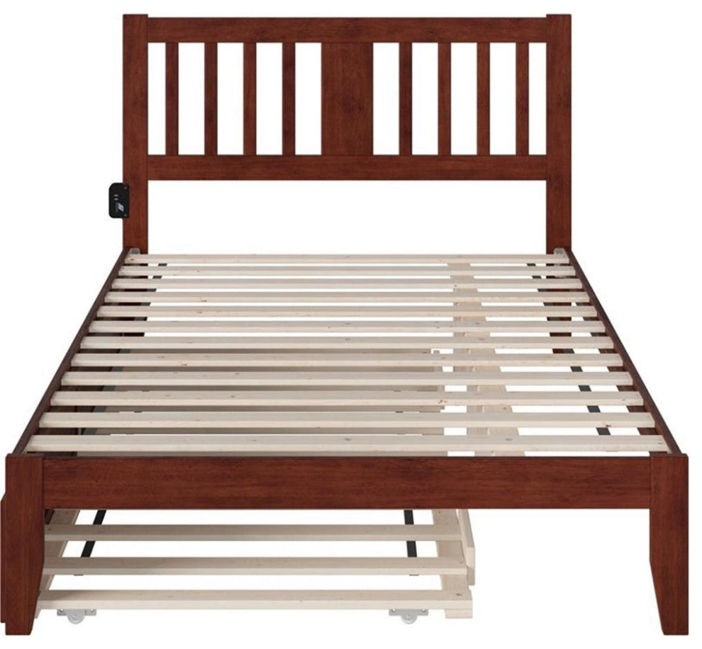 Pemberly Row Solid Wood Full Bed with Twin Trundle and USB Charger in Walnut