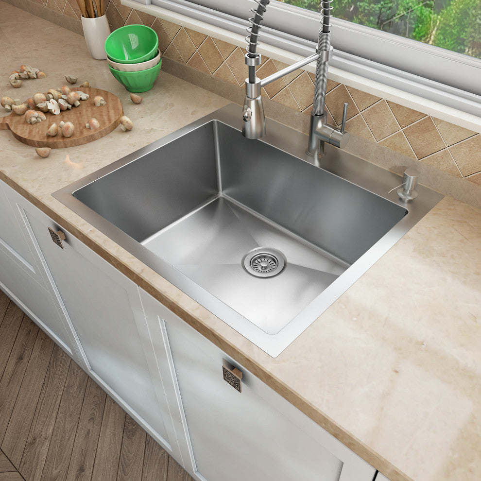Sinber Single Bowl Kitchen Sink with 304 Stainless Steel Satin Finish, 25"x22"x9", Drop in