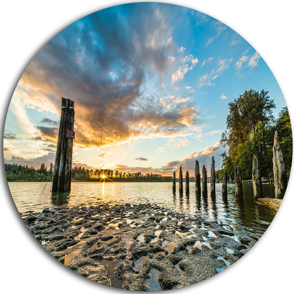 Riverside Sunset With Wood, Seascape Disc Metal Wall Art, 36"