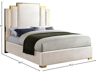 Maklaine Modern Upholstered Velvet Queen Bed in Cream/Polished Gold