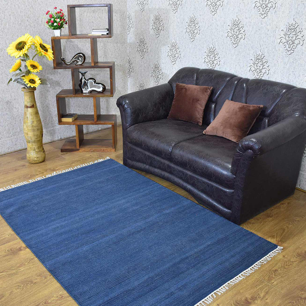 HAND WOVEN FLAT WEAVE KILIM WOOL ECO-FRIENDLY AREA RUGS, Rectangle, Blue, Solid, Blue, [Rectangle] 10'x13'