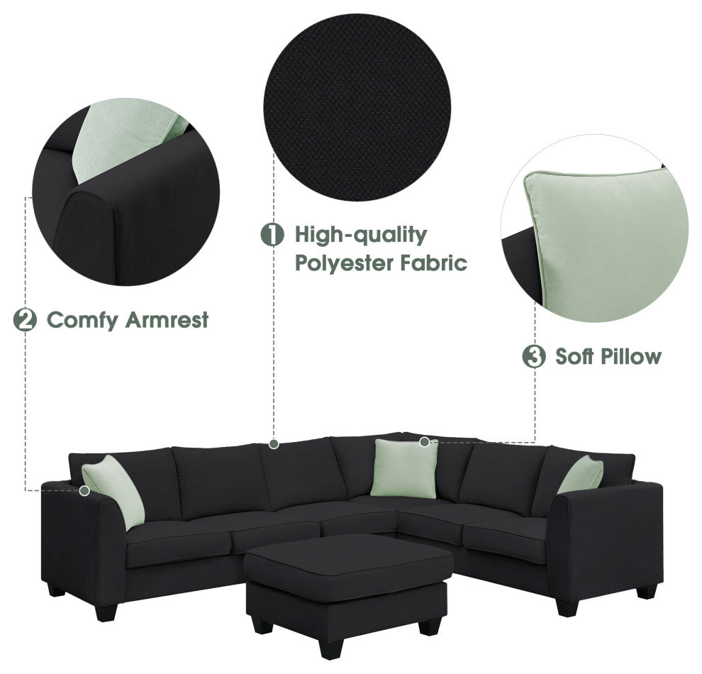 7-Seat Fabric Modular Sectional Sofa Couch Set with Ottoman and Pillows, Black