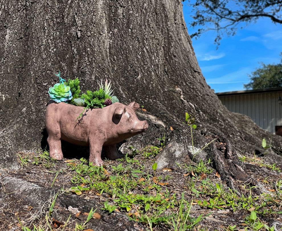 17 Inch Long Rustic Brown Finish Smiling Pig Planter