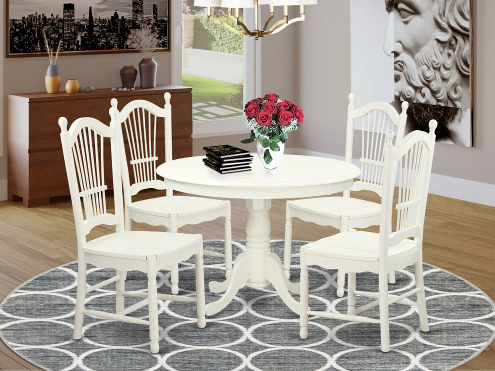 5 Pc Set With A Round Dinette Table And 4 Wood Dinette Chairs, Linen White