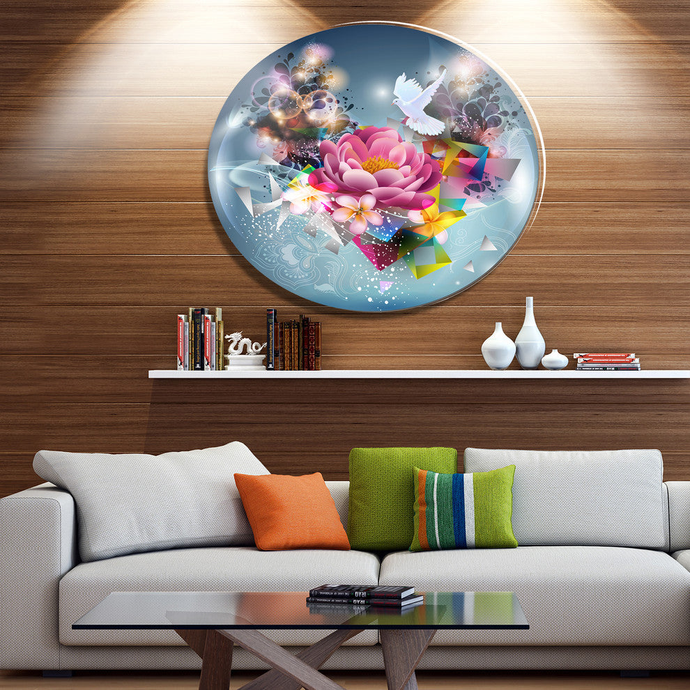 Flowers And Dove Abstract Design, Floral Wall Disc Metal Wall Art, 23"