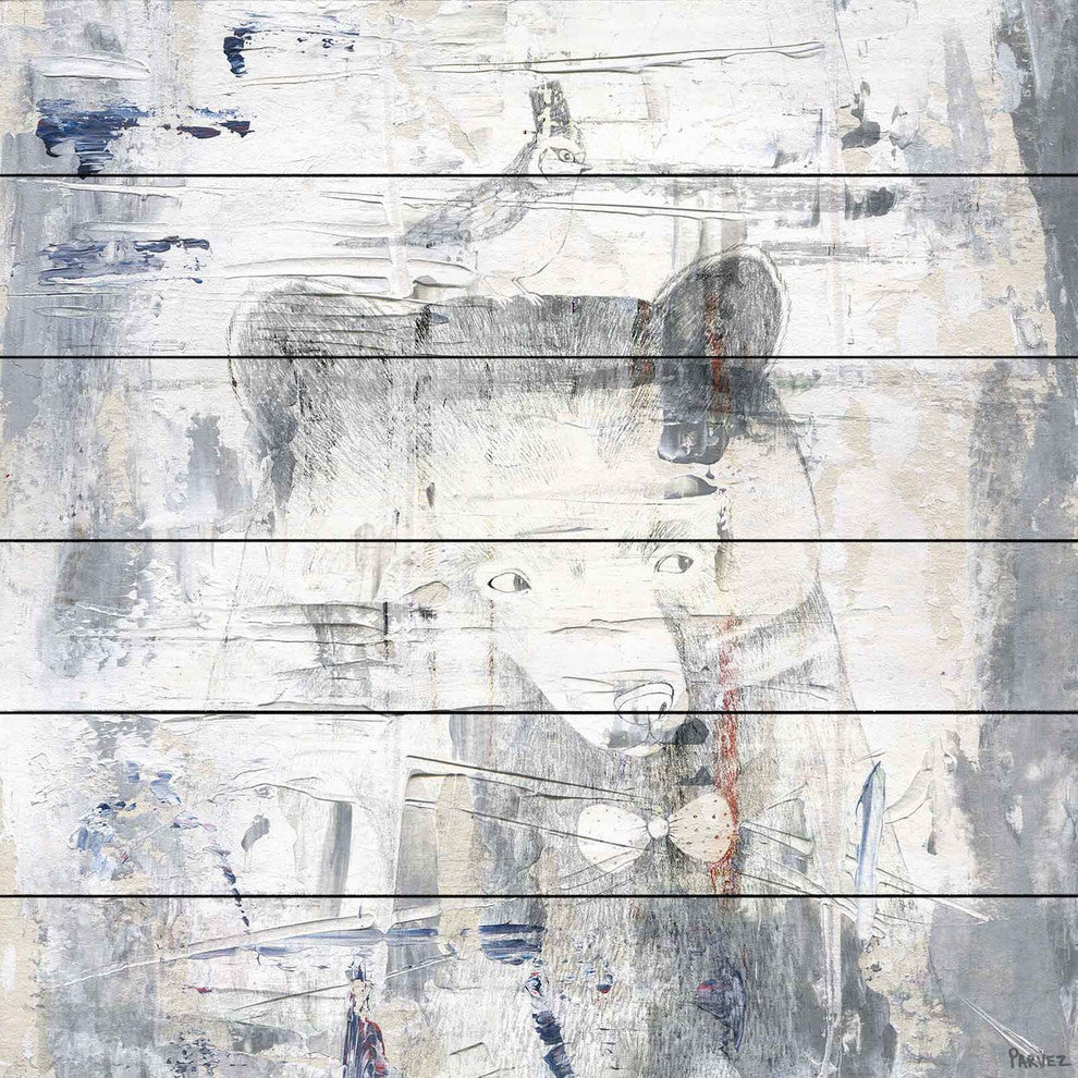 "Dizzy Bear" Painting Print on White Wood, 32"x32"