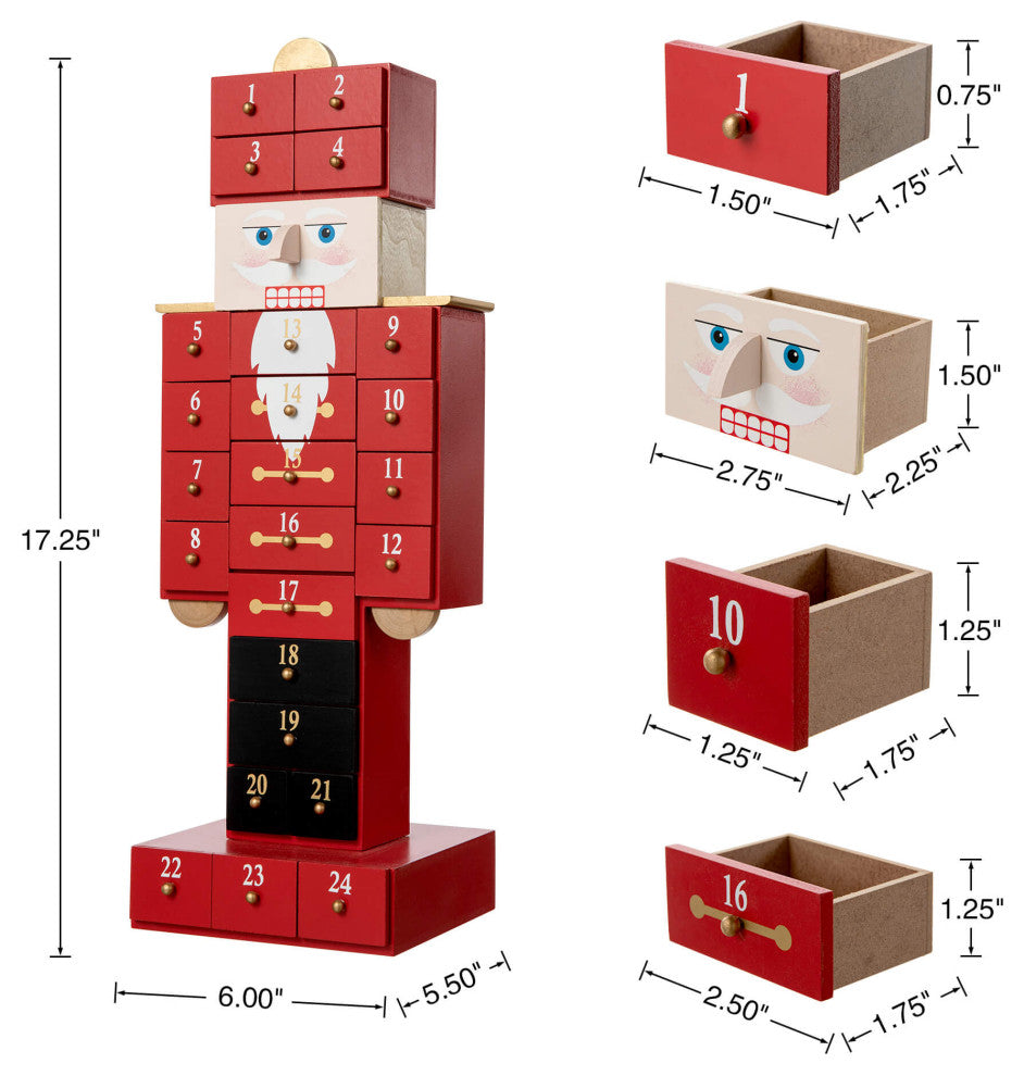 17.25"H Wooden Christmas Nutcracker Countdown Calendar Decor With Drawer